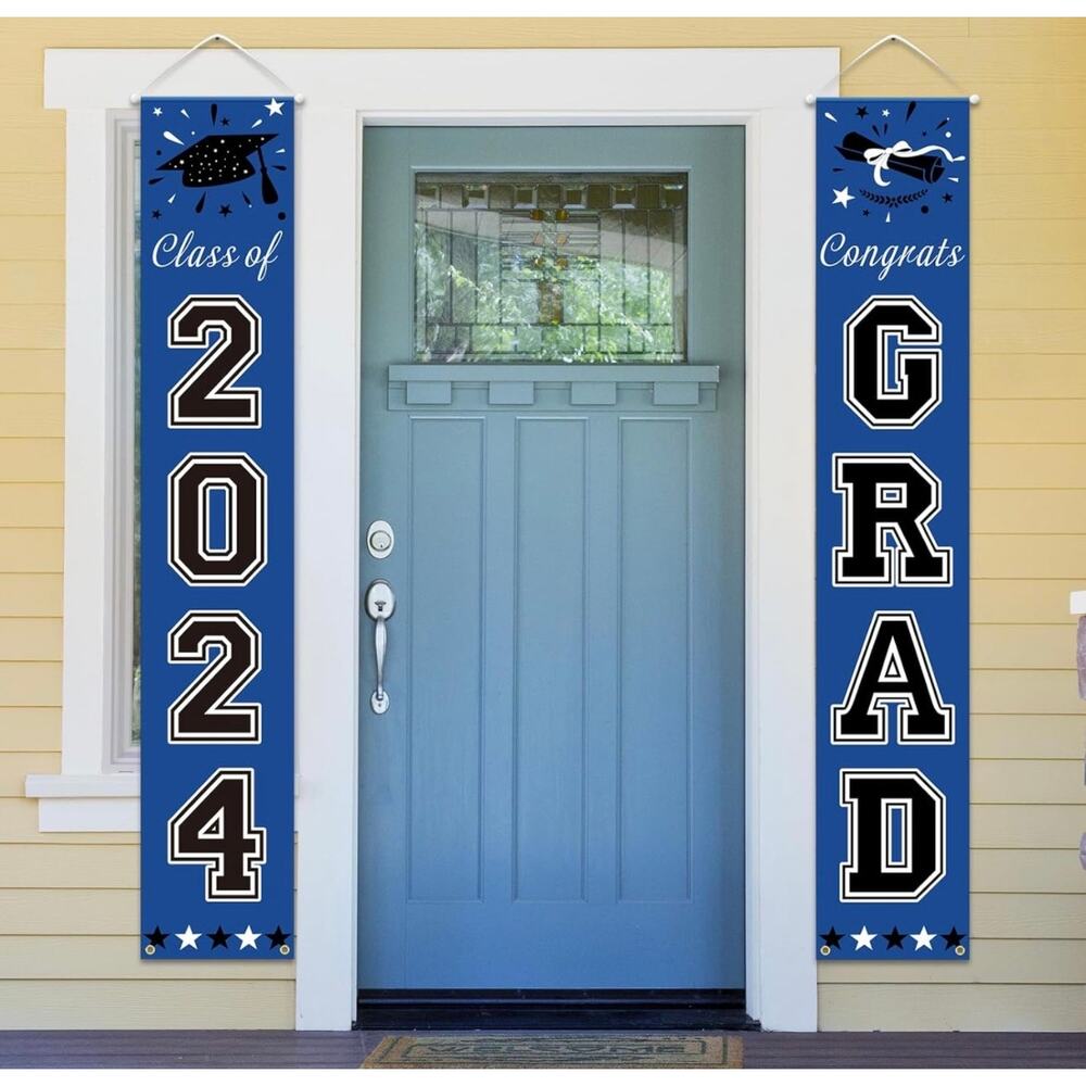 Blue Graduation 2024 Decorations ‘Class of 2024’ and ‘Congrats Grad’ Banners